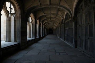 An atmospheric image showing the gothic architecture of an ancient stone corridor in a historic building