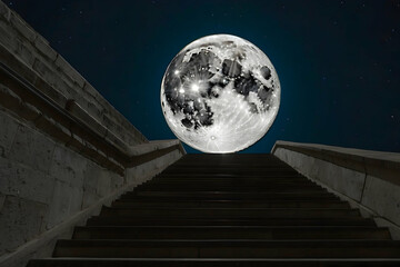 A digitally enhanced image of a full moon rising above a stairway, suggesting an ascent into the cosmos