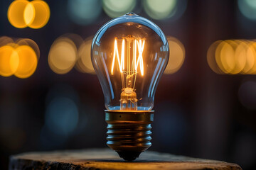 A bright, incandescent light bulb stands illuminated against a blurred background with bokeh lights
