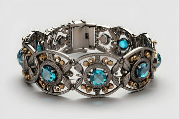 A luxury bracelet with detailed metal design and blue gemstone embellishments, isolated on a white background