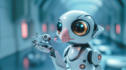 3D render of a cute bird robot with big eyes and a large beak with  a tiny robotic drone 