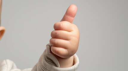 A baby is holding up a thumb to give a thumbs up