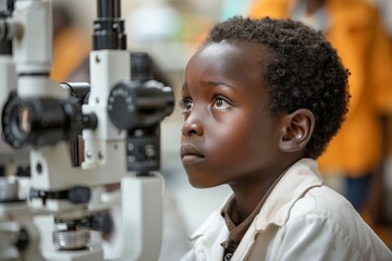 A young boy is looking into an eye doctor's instrument, medical selection of glasses in optics