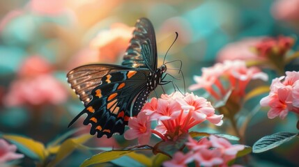 A butterfly is on a pink flower.