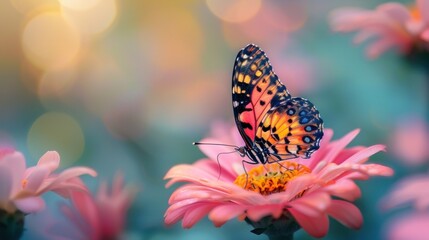 Obraz premium A butterfly is stationed on a pink bloom.