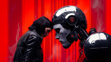Illustration of retro woman and cyborg with red eyes