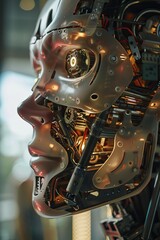Futuristic Transparent Robot Head with Illuminated Circuitry