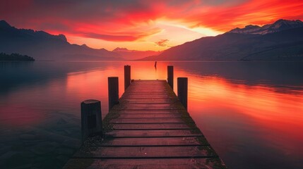 A beautiful red sunset over the lake with an old wooden dock, a beautiful landscape of Switzerland mountains in the background, a perfect symmetrical photo, dreamy.