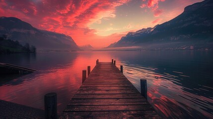 A beautiful red sunset over the lake with an old wooden dock, a beautiful landscape of Switzerland mountains in the background, a perfect symmetrical photo, dreamy.