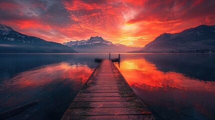 A beautiful red sunset over the lake with an old wooden dock, a beautiful landscape of Switzerland...