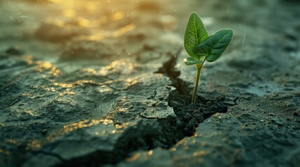 Young Green Plant Sprouting in Arid Soil with Sunlight