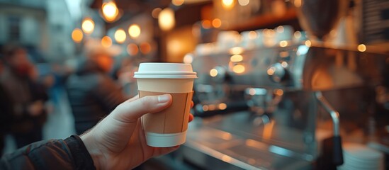 Hand Holding Coffee Cup in a Busy Coffee Shop