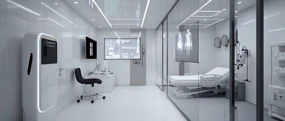 A futuristic clinic interior design concept featuring holographic patient records and AI-powered diagnostics 