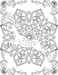Deer on Mandala Coloring Page. Printable Coloring Worksheet for Adults and Kids. Educational Resources for School and Preschool. Mandala Coloring for Adults
