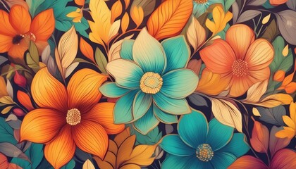 Fototapeta premium A floral background, comic illustration style, vintage painting, and watercolor style, with grain texture of antique paintings; abstract pattern for creative design