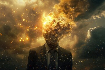 A businessman disintegrating into particles, an explosion of the head and body, surreal, with a dark sky background, golden dust flying around,