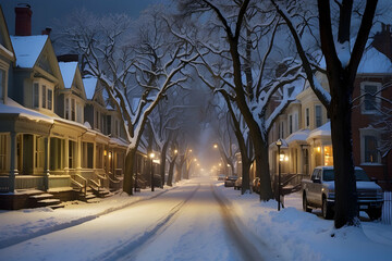 A serene scene of a residential street blanketed with snow at night, illuminated by the glow of street lamps