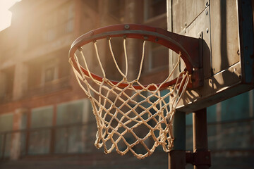 Sunlight casts a warm glow on the basketball hoop with a clear sky background, ideal for sports and outdoor activity themes - Powered by Adobe