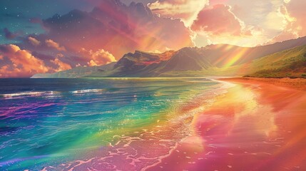 A colorful beach with mountains in the background, rainbow water, beautiful, dreamy, fantasy,