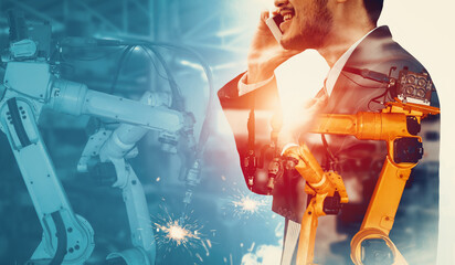 MLB Mechanized industry robot arm and factory worker double exposure. Concept of robotics...