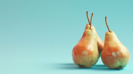 Pears, a photorealistic illustration against pastel blue background with copy space for text or logo, beautifully illuminated by studio lighting