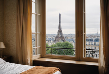 Paris eiffel tower view from the window in the hotel room