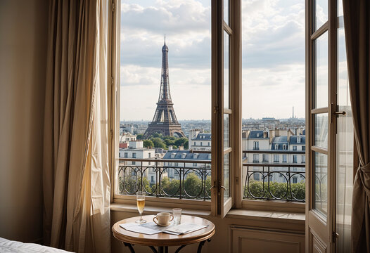 Fototapeta Paris eiffel tower view from the window in the hotel room