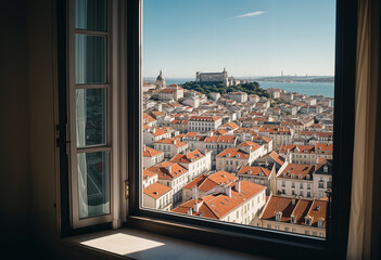 Lisbon city view in from hotel room bed window