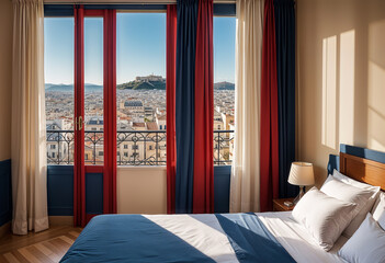 A bedroom with a view of the Acropolis of Athens, Greece , the room has large windows