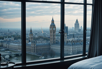 A view of the iconic Big Ben clock tower and the Houses of Parliament in London seen through a...