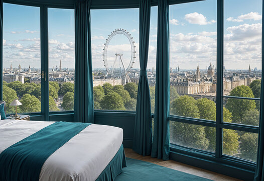 A hotel room with view of the London Eye and the city skyline through large windows. The room has a bed, curtains, and a modern, minimalist decor.