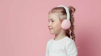 Little girl blonde hair wearing headphone, blue - Powered by Adobe