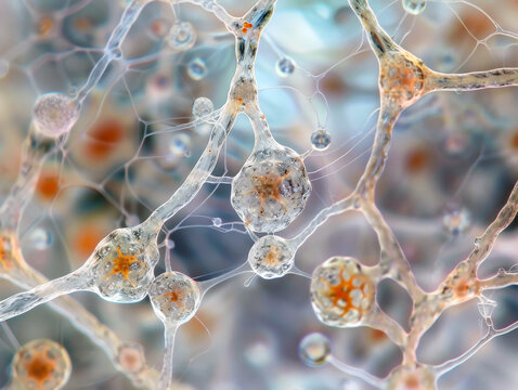 Fungal spores under the microscope resemble delicate filaments spreading across the field.