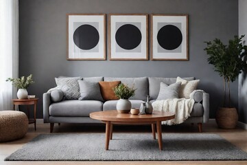 Cozy living room interior with a grey sofa, wooden coffee table, and mock-up frames.