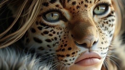 Creative portrait of a beautiful girl with leopard-like skin texture and features, emphasizing a unique artistic vision