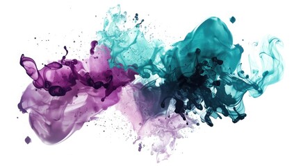 abstract splash, ink style, purple and teal color on white background, vector illustration