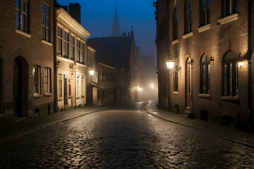 An atmospheric image capturing a foggy, cobblestone lined street in an old town setting, evoking a sense of history and mystery