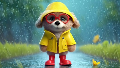 3d animated character, quirky fuzzy dog wearing a big hat, goofy goggles and yellow raincoat with red boots in the rain