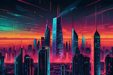 A digital artwork showcasing a highly stylized cityscape with neon lights and a sunset backdrop