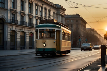 Peaceful morning scene with a vintage tram running through the city streets at sunrise, creating a nostalgic mood