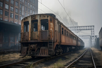 Obraz premium An atmospheric shot of a vintage, rusty train parked in a misty rail yard, evoking a sense of abandonment