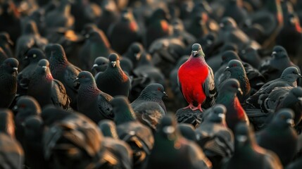 Obraz premium A Group of Pigeons Surrounded by One Striking Red Bird Creating a Beautiful Contrast in Nature's Harmony