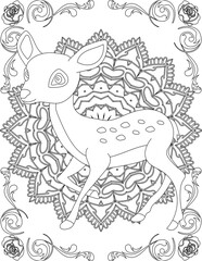 Deer on Mandala Coloring Page. Printable Coloring Worksheet for Adults and Kids. Educational Resources for School and Preschool. Mandala Coloring for Adults