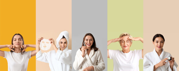 Set of many women taking care of their skin on color background