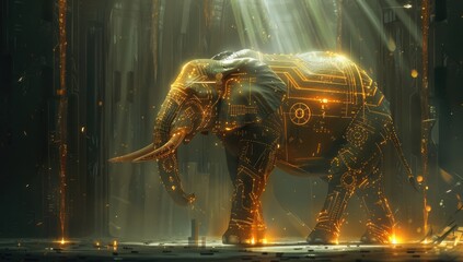 A massive, mystical elephant with glowing golden circuitry and ancient Egyptian symbols standing in an empty room filled with light beams and broken glass.