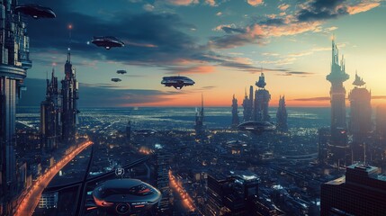 A futuristic city with hovering vehicles and high-tech architecture under a twilight sky. 