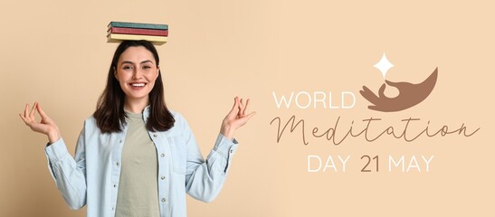 Young woman meditating with books on beige background. Banner for World Meditation Day