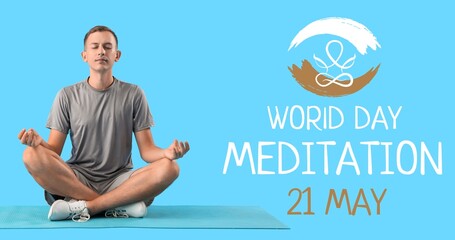 Sporty young man meditating on blue background. Banner for World Meditation Day