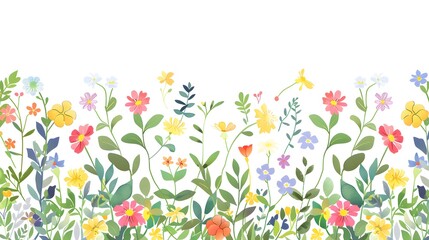 Vector horizontal seamless border with small bright colorful flowers and leaves on a white background.
