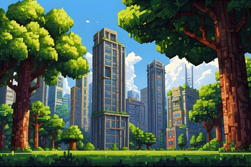 Fototapeta premium A vibrant animated image showcasing a bustling cityscape framed by lush green trees under a clear sky